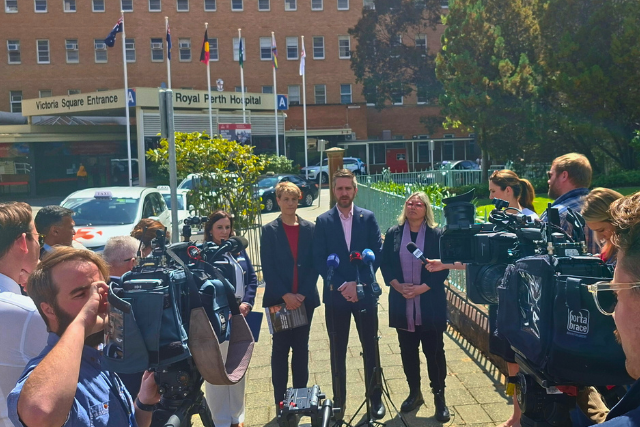 Secretaries of WA's four health unions, Romina Raschilla ANF, Carolyn Smith UWU, Kyle Hoath AMA and Naomi McCrae HSUWA front the cameras at a press conference outside Royal Perth Hospital.
