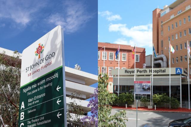 A composite image of a photograph of St John of God Mount Lawley Hospital and the front of Royal Perth Hospital.