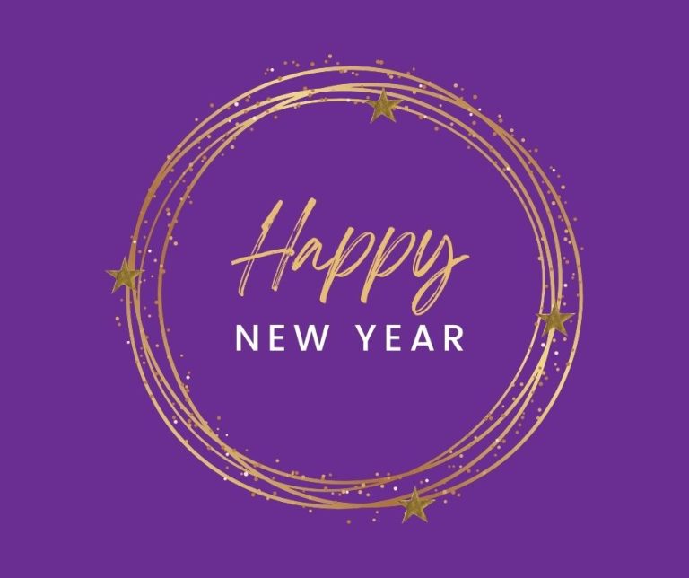 Happy New Year text on a purple background.