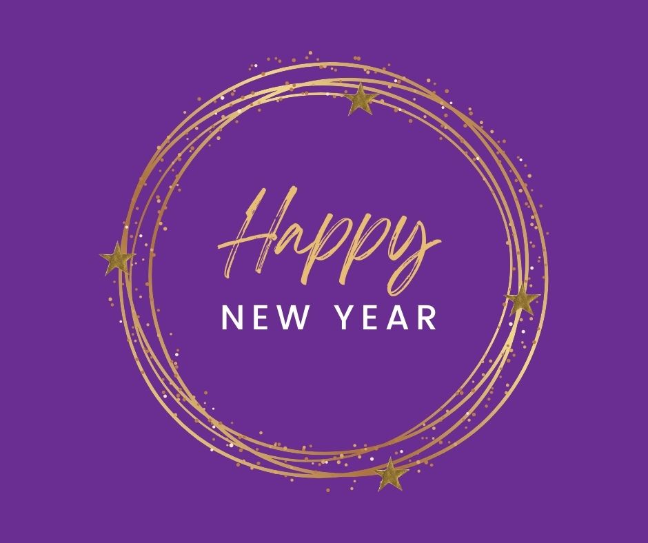 Happy New Year text on a purple background.