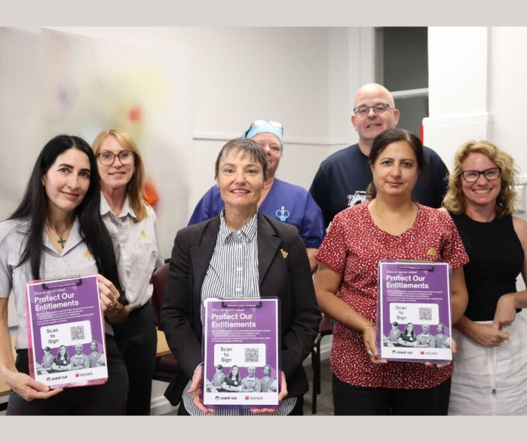 HSUWA Members stand together holding the petition to the State Government.