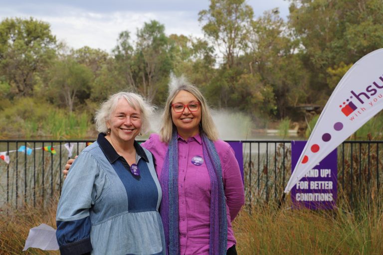 HSUWA outgoing President Cheryl Hamill pictured with HSUWA Secretary, Naomi McCrae at the FSH Rally in 2024.