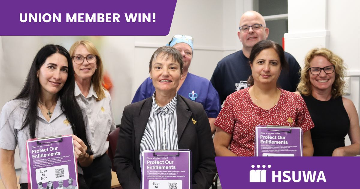 HSUWA Members standing with the petitions at Mt Lawley Hospital.